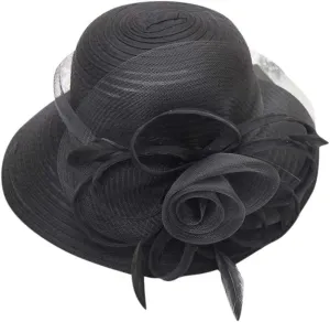 Women Organza Derby Hat Bridal Wedding Church Tea Party Wide Brim Flower Church Wedding Bridal Caps