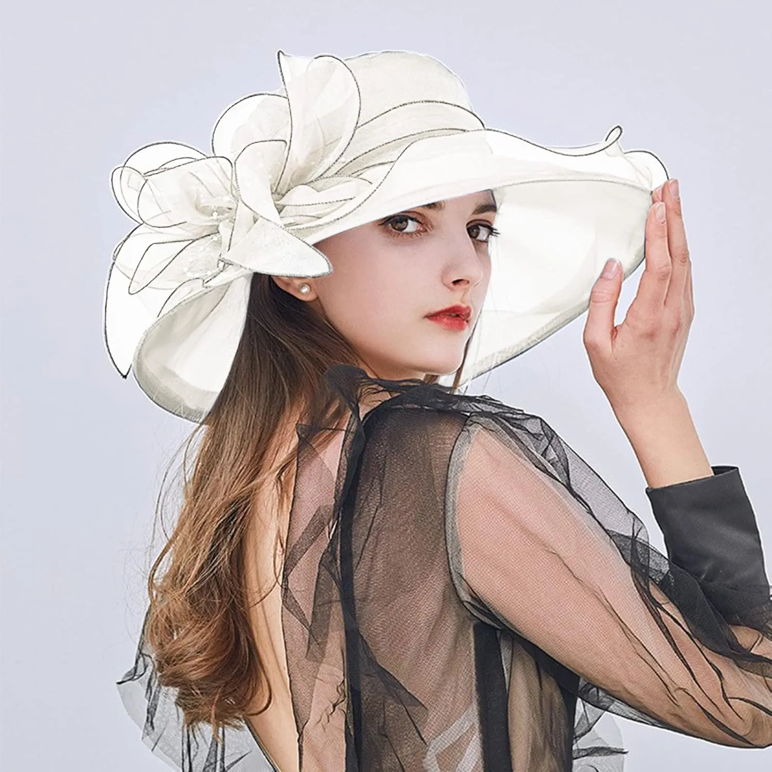 Women Organza Kentucky Church Derby Cap Wide Brim Sun Hats for Wedding Tea Party Fascinator UV Protection Caps