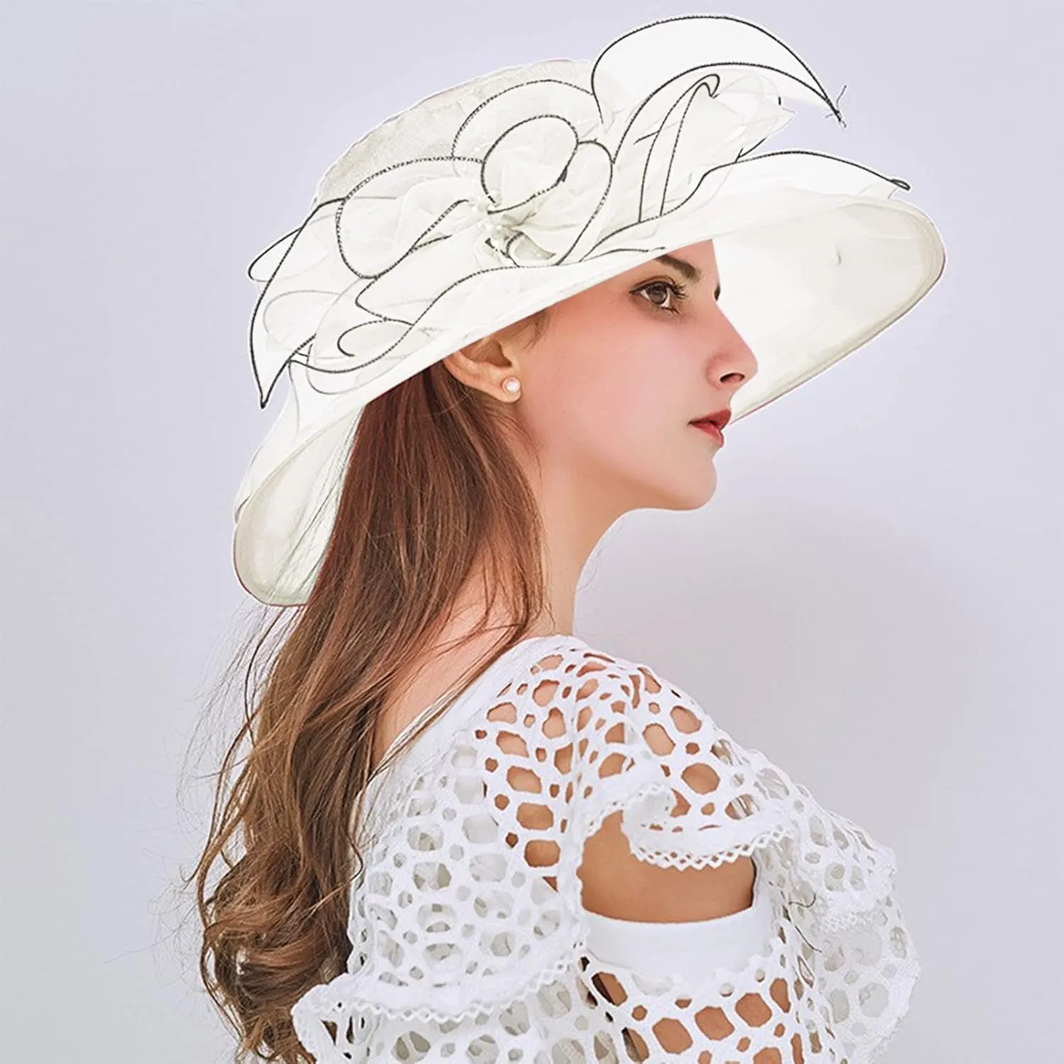 Women Organza Kentucky Church Derby Cap Wide Brim Sun Hats for Wedding Tea Party Fascinator UV Protection Caps