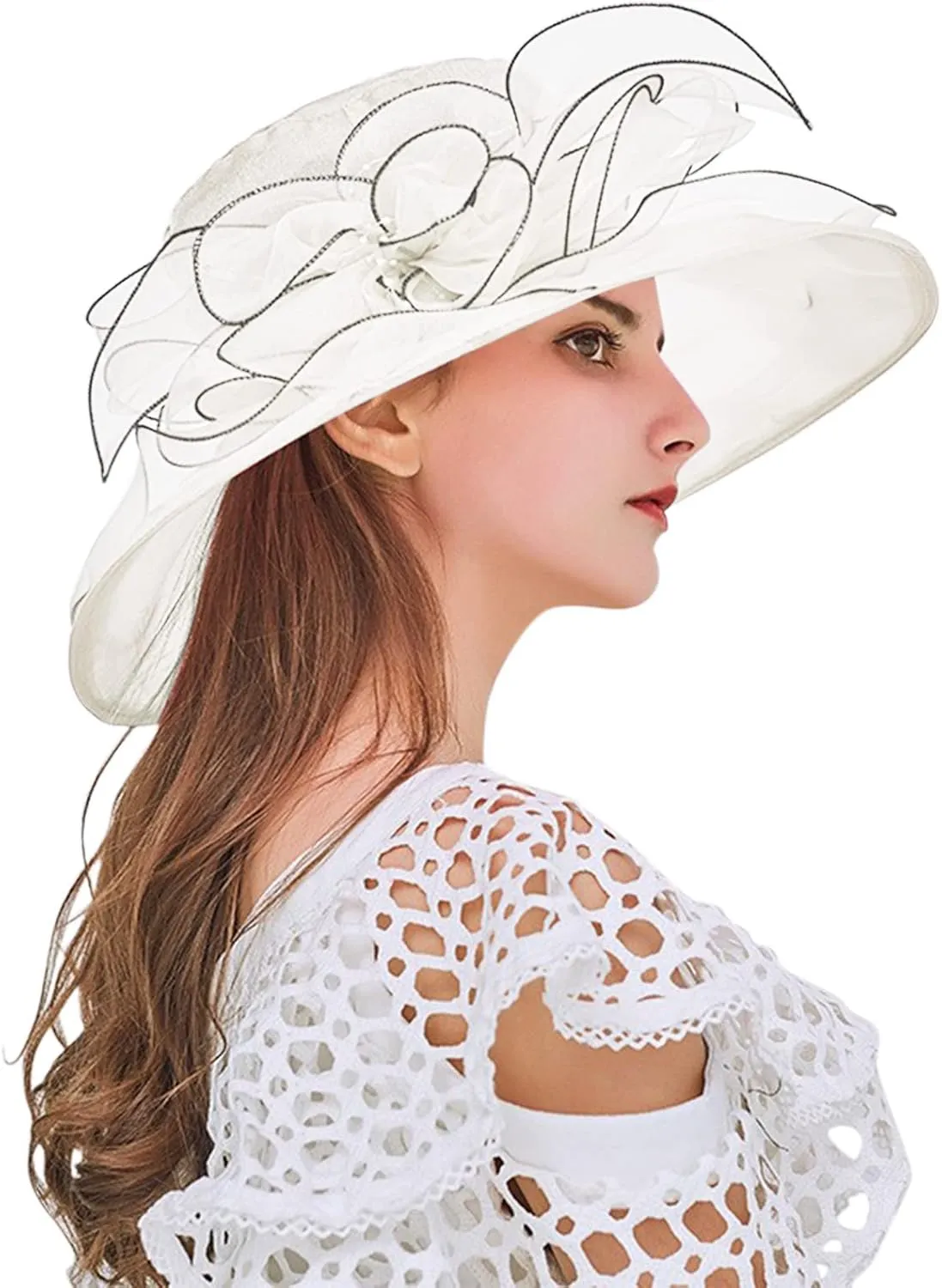 Women Organza Kentucky Church Derby Cap Wide Brim Sun Hats for Wedding Tea Party Fascinator UV Protection Caps