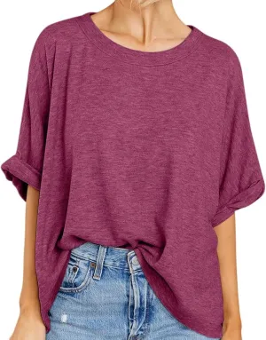 Women Oversized T Shirt Short Sleeve Loose Casual Basic Shirts Summer Tee Tops Crewneck Roll Up Sleeve Blouse Shirt