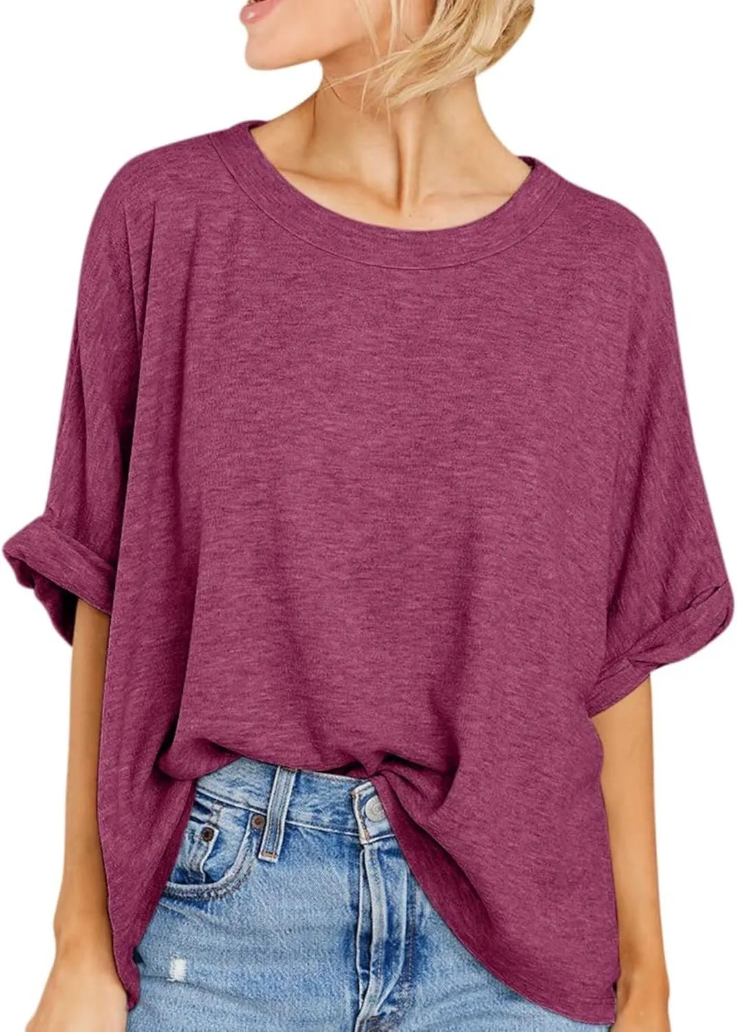 Women Oversized T Shirt Short Sleeve Loose Casual Basic Shirts Summer Tee Tops Crewneck Roll Up Sleeve Blouse Shirt