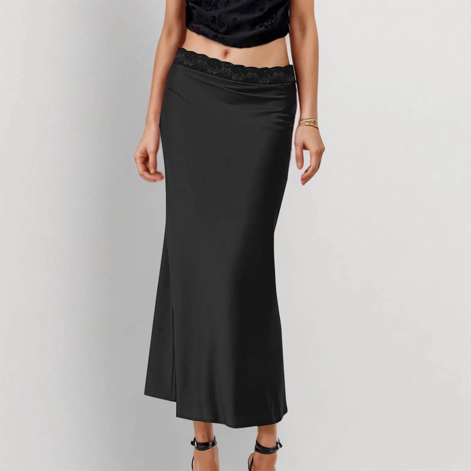 Women Satin Silk Skirt Solid Color Fashion Elegant Lace Trim Flared Skirts Summer Casual Flowy Ruched Bodycon Skirt