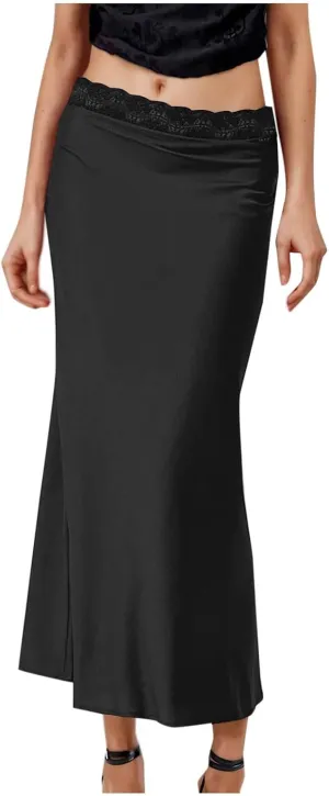 Women Satin Silk Skirt Solid Color Fashion Elegant Lace Trim Flared Skirts Summer Casual Flowy Ruched Bodycon Skirt