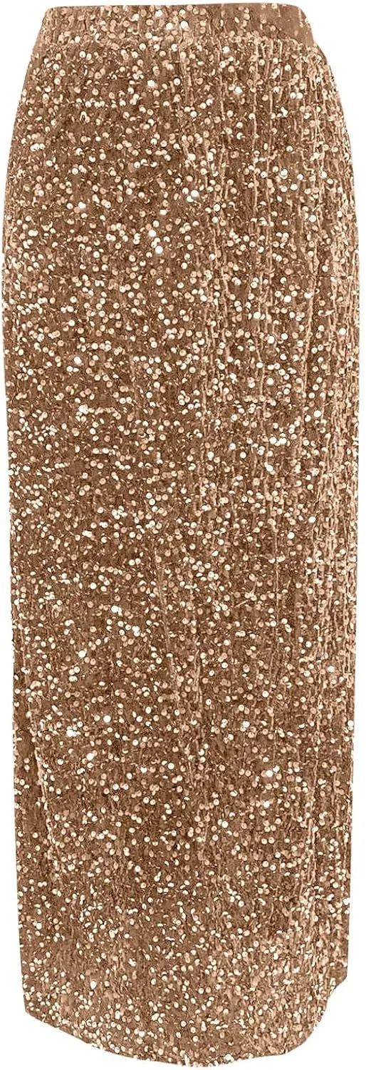 Women Sequin Skirt Sparkly Cute High Waist Ruffle Women's Elastic Waisted Bodycon Sparkle Night Out Silver Sparkly