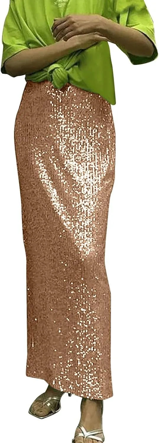 Women Sequin Skirt Sparkly Cute High Waist Ruffle Women's Elastic Waisted Bodycon Sparkle Night Out Silver Sparkly