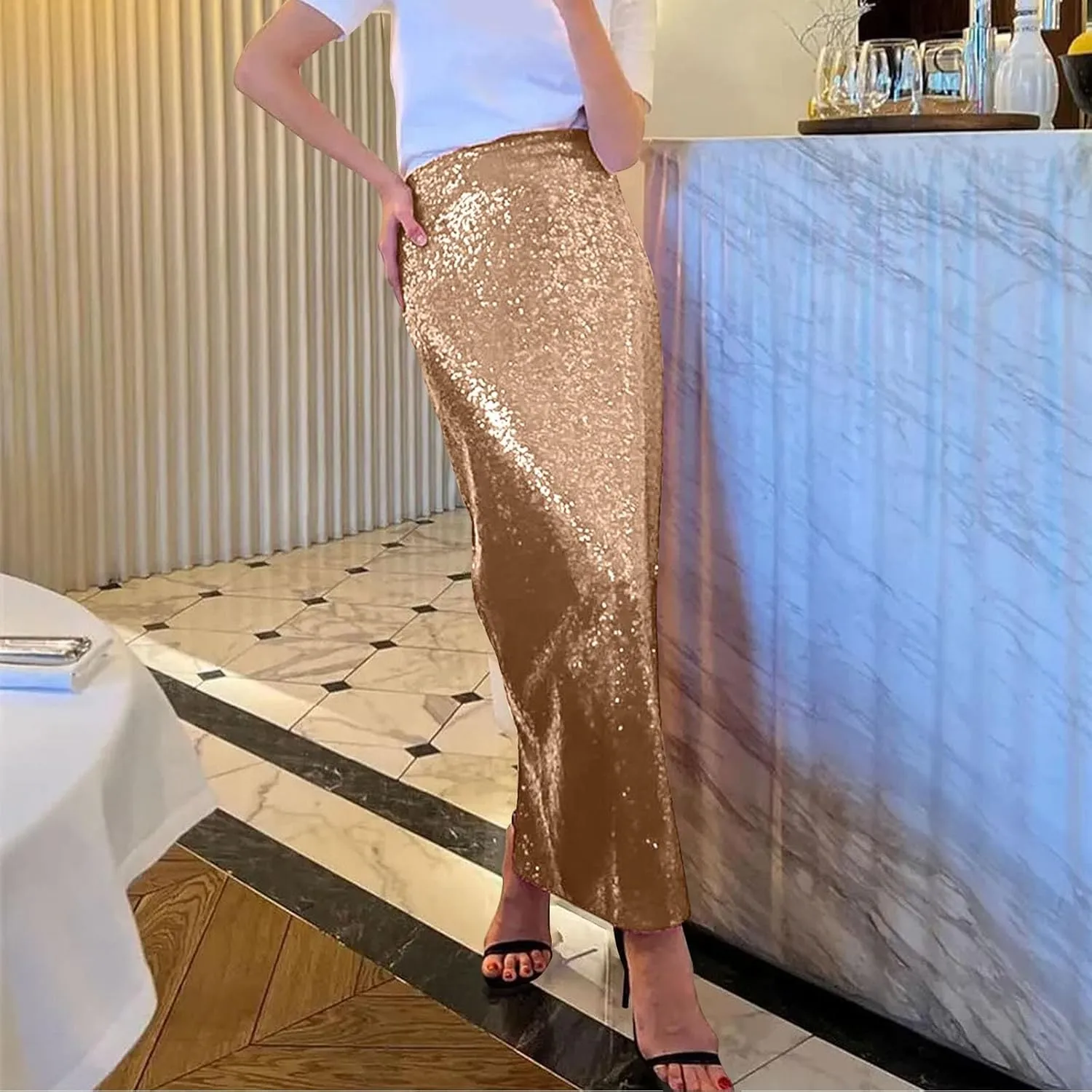 Women Sequin Skirt Sparkly Cute High Waist Ruffle Women's Elastic Waisted Bodycon Sparkle Night Out Silver Sparkly