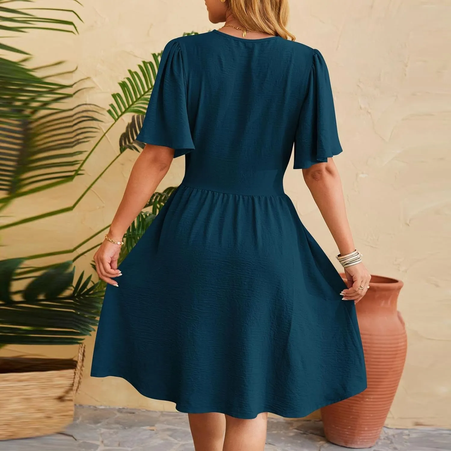 Women Spring Summer Dresses Cinched Flared Sleeve Fashion Outfits V Neck Elegant Knee Length Ladies Dresses
