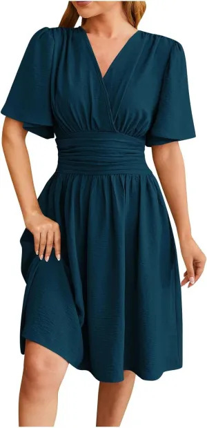 Women Spring Summer Dresses Cinched Flared Sleeve Fashion Outfits V Neck Elegant Knee Length Ladies Dresses