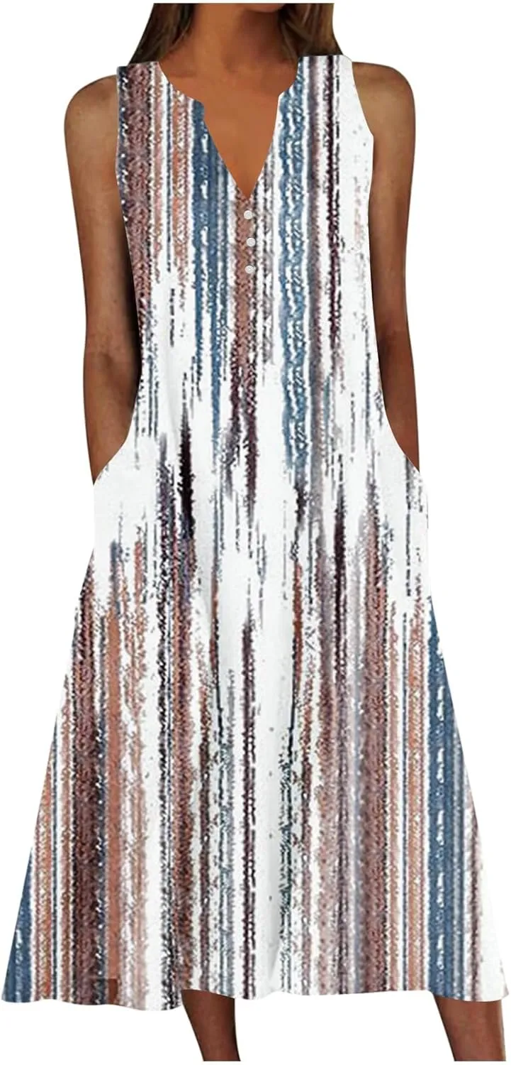 Women Summer Button Midi Dresses Crew Neck Sleeveless Floral A Line Dress Casual Cute Striped Sundress with Pockets