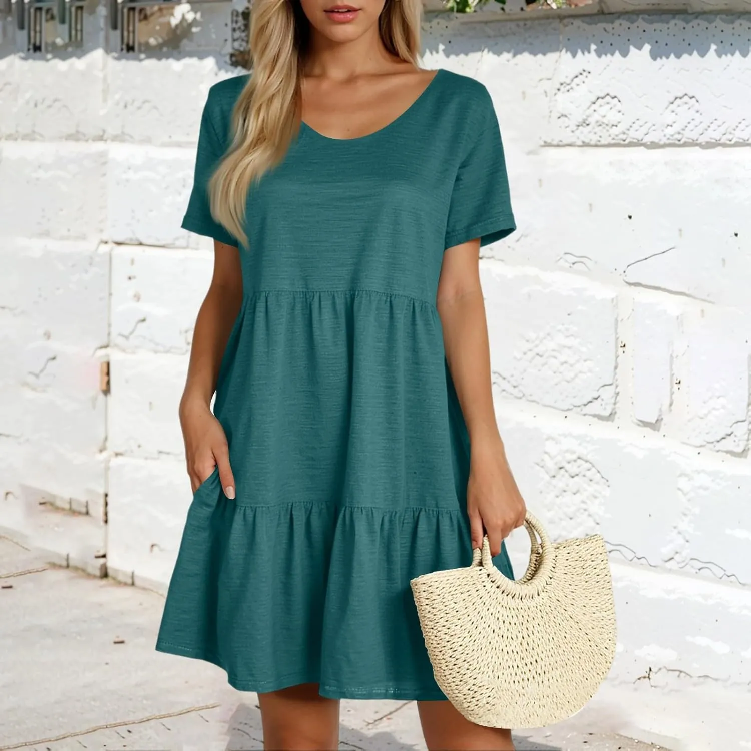 Women Summer Casual Short Sleeve Crewneck Aline Swing Flowy Tiered Shirt Mini Beach Short Sundress with Pockets