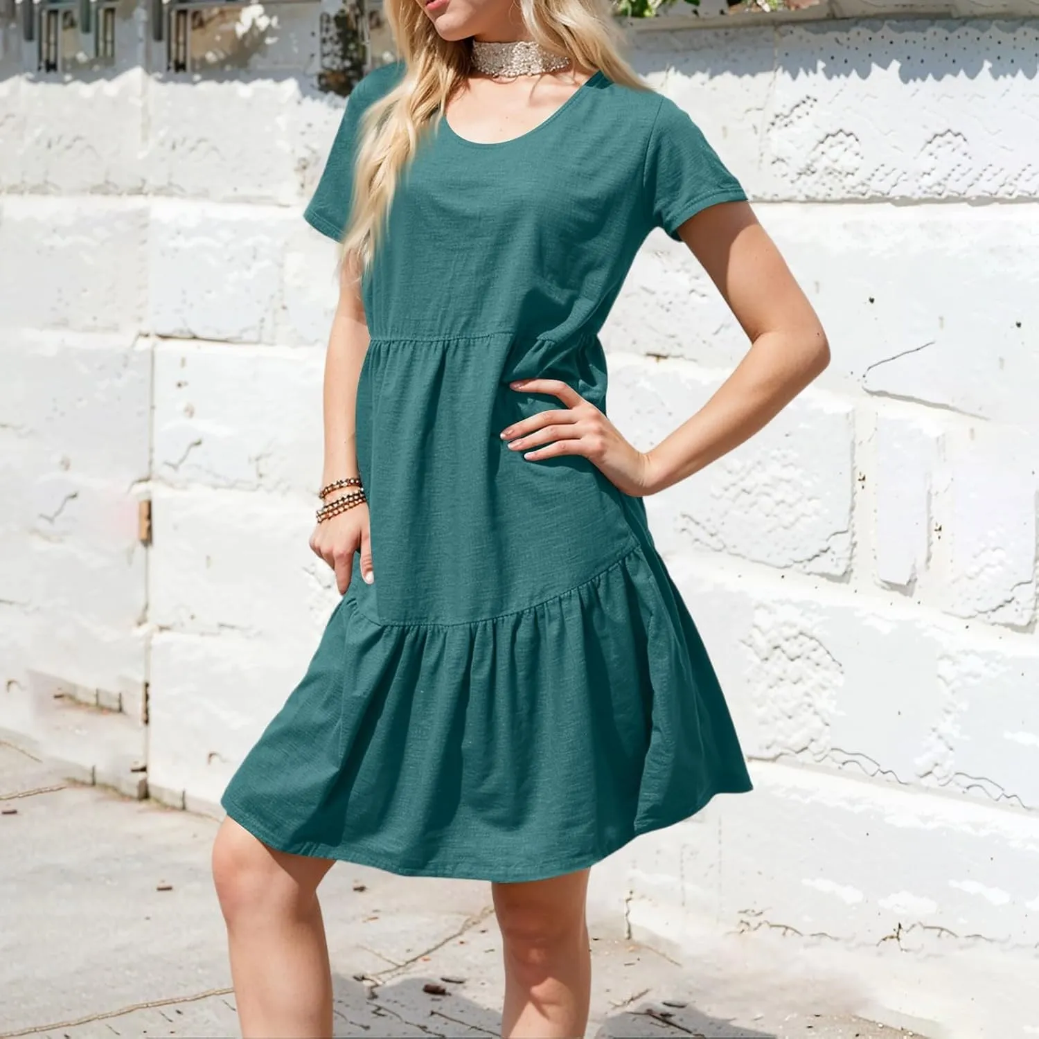 Women Summer Casual Short Sleeve Crewneck Aline Swing Flowy Tiered Shirt Mini Beach Short Sundress with Pockets