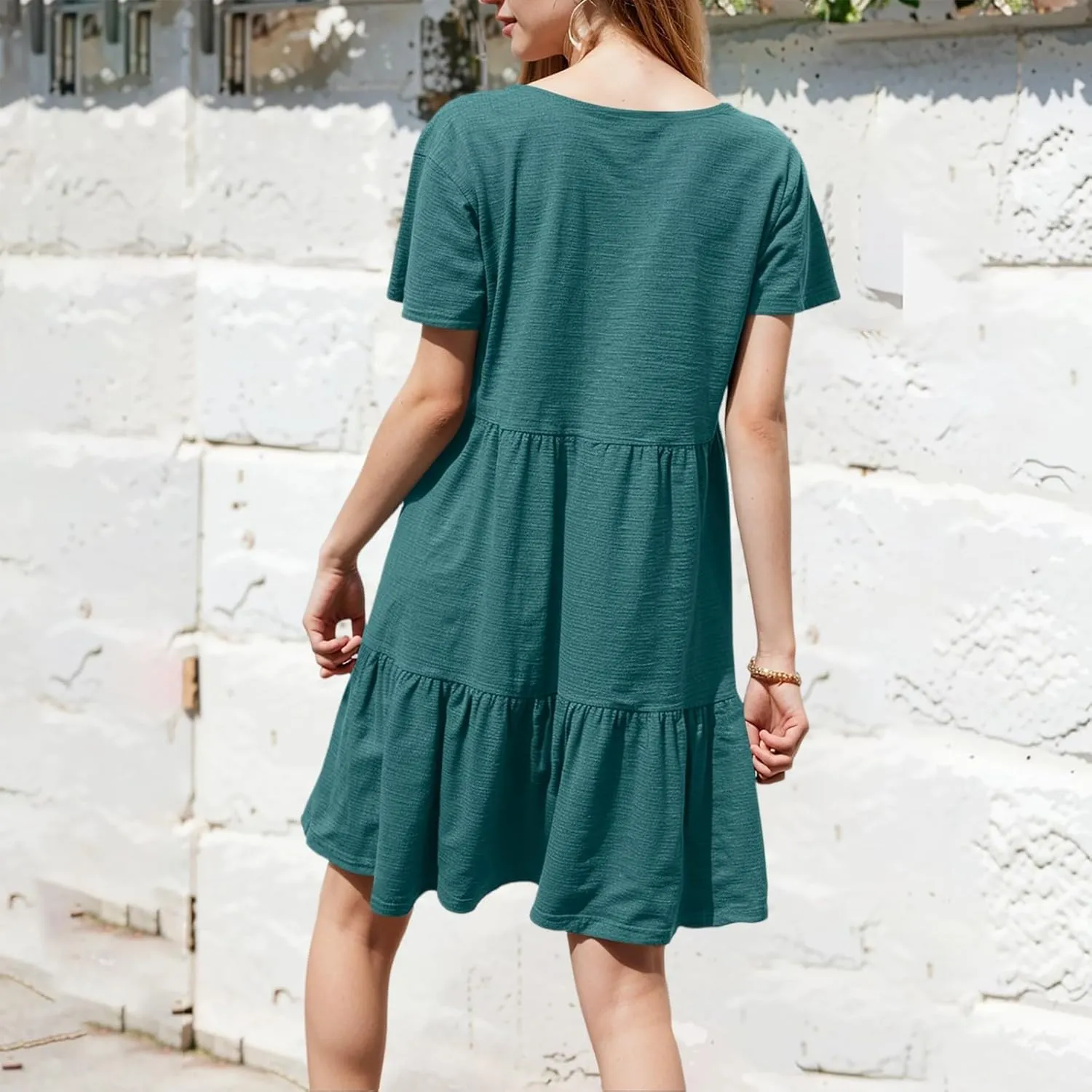 Women Summer Casual Short Sleeve Crewneck Aline Swing Flowy Tiered Shirt Mini Beach Short Sundress with Pockets