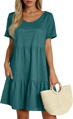 Women Summer Casual Short Sleeve Crewneck Aline Swing Flowy Tiered Shirt Mini Beach Short Sundress with Pockets