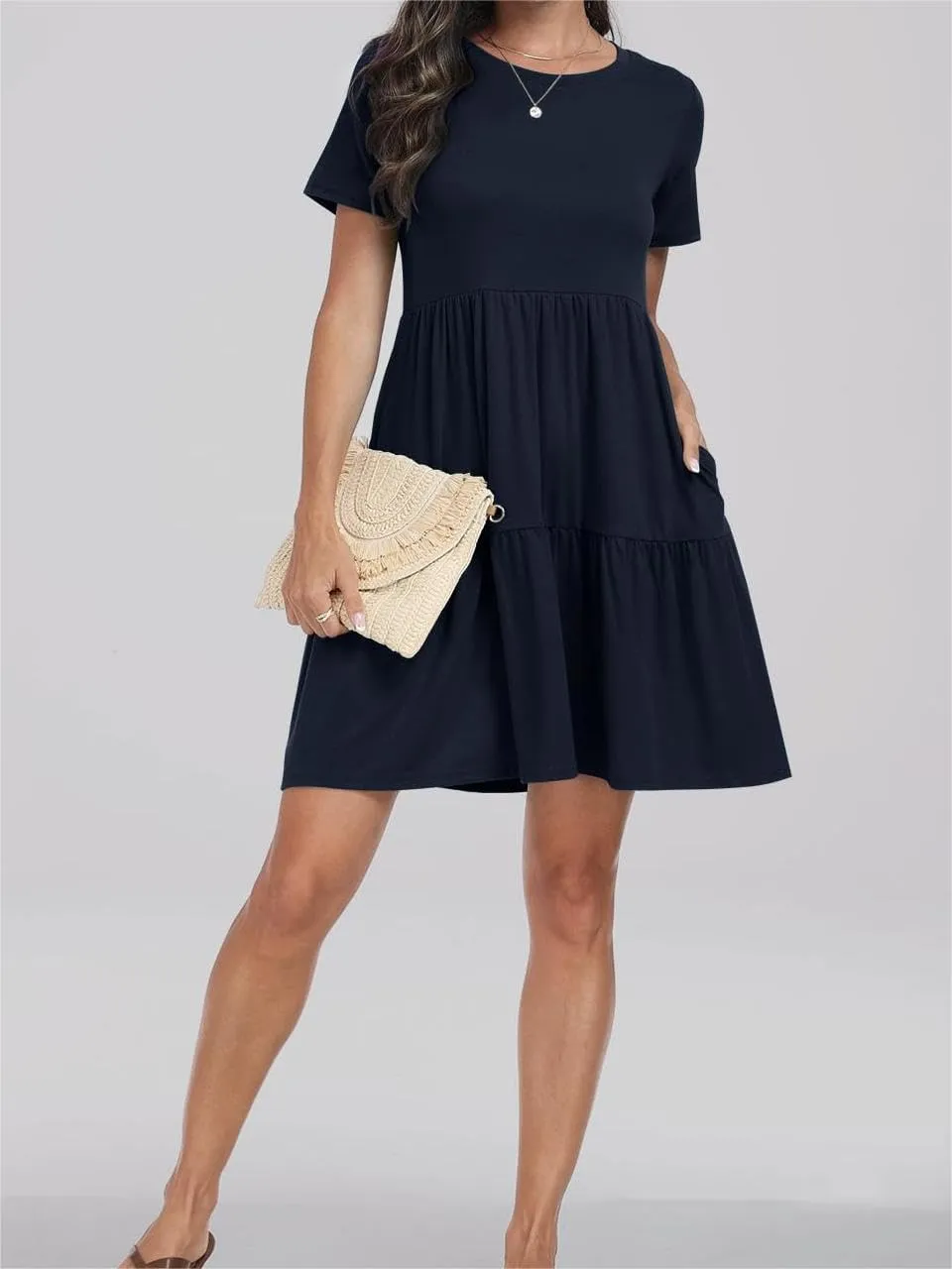 Women Summer Mini Dress Casual Short Sleeve Crewneck Pleated Dresses Trendy Tiered Ruffle Hem Tummy Control Sundress