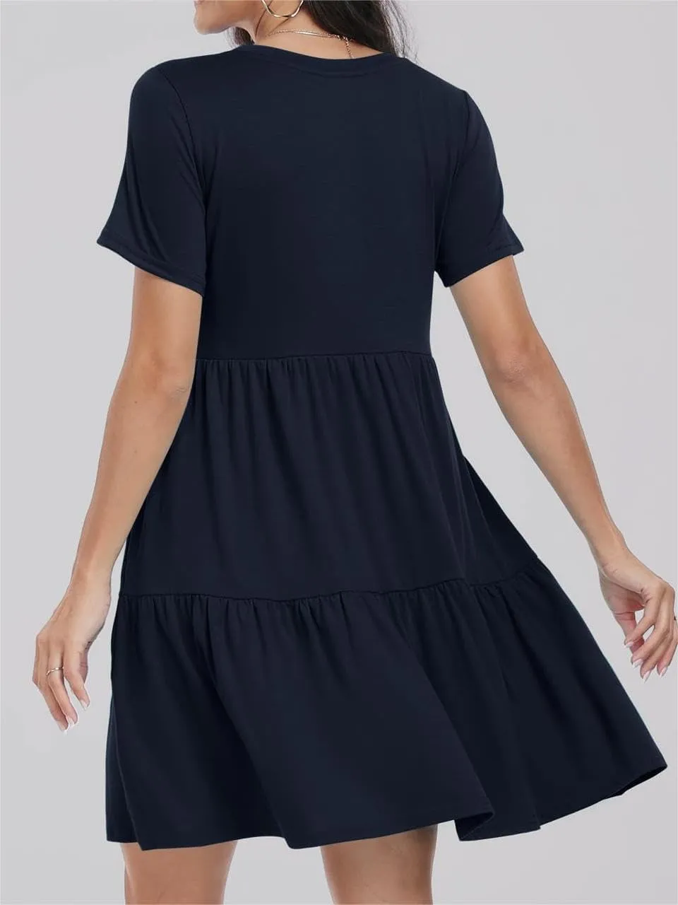 Women Summer Mini Dress Casual Short Sleeve Crewneck Pleated Dresses Trendy Tiered Ruffle Hem Tummy Control Sundress