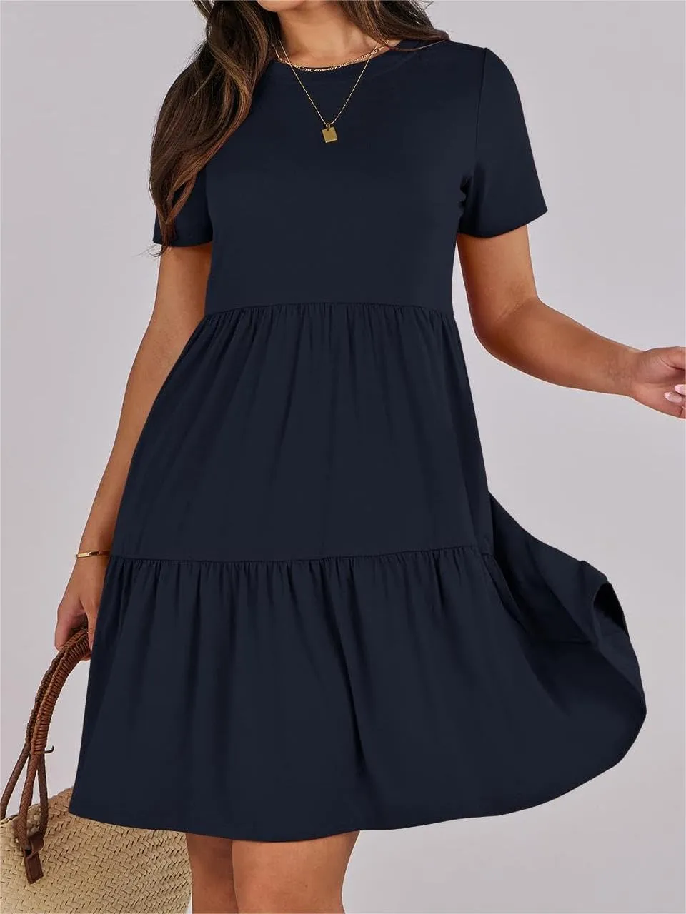 Women Summer Mini Dress Casual Short Sleeve Crewneck Pleated Dresses Trendy Tiered Ruffle Hem Tummy Control Sundress