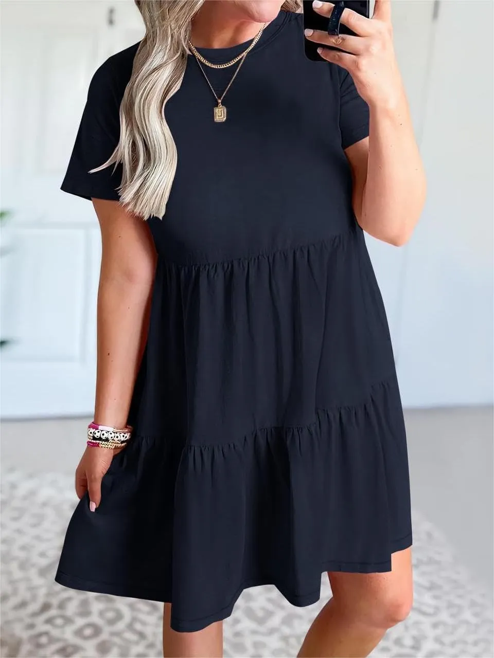 Women Summer Mini Dress Casual Short Sleeve Crewneck Pleated Dresses Trendy Tiered Ruffle Hem Tummy Control Sundress