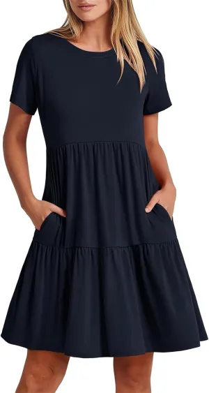 Women Summer Mini Dress Casual Short Sleeve Crewneck Pleated Dresses Trendy Tiered Ruffle Hem Tummy Control Sundress