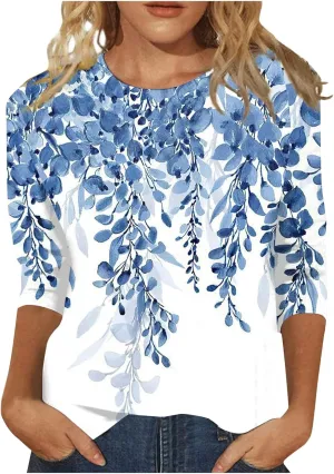 Womens 3/4 Sleeve Tops 2025 Summer Floral Print Round Neck Shirts Loose Fit Three Quarter Sleeve Tshirts