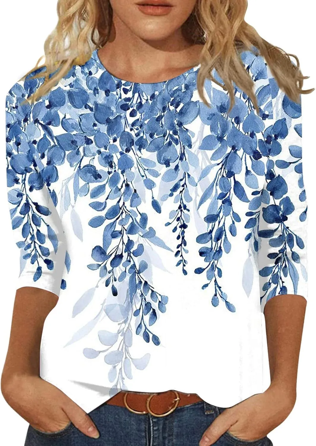 Womens 3/4 Sleeve Tops 2025 Summer Floral Print Round Neck Shirts Loose Fit Three Quarter Sleeve Tshirts