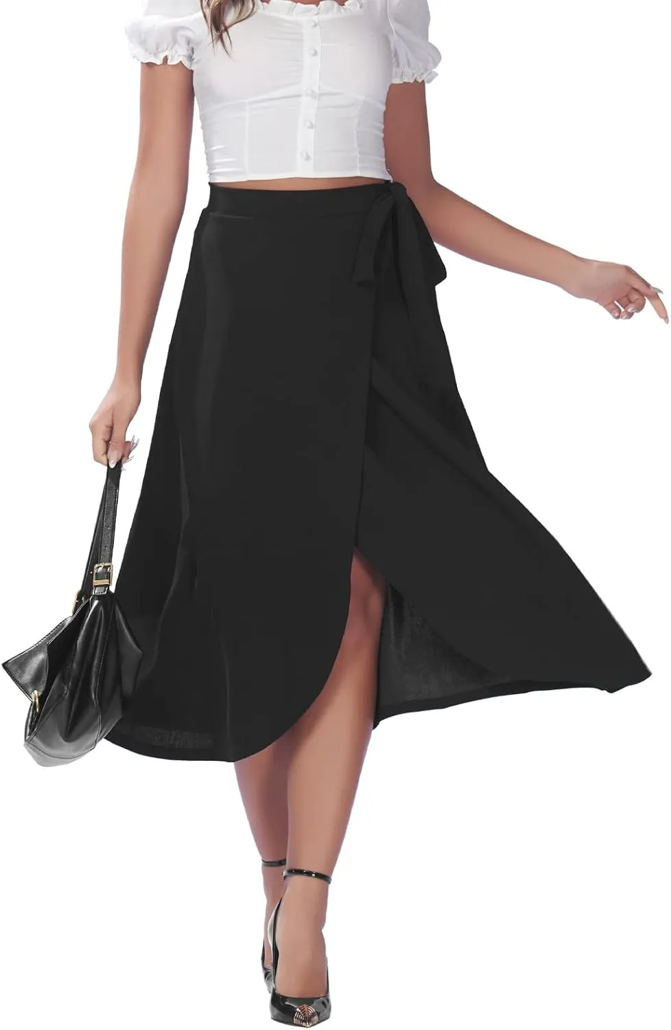 Womens A-Line Wrap Midi Skirt High Low Split Tie Knot Summer Skirts
