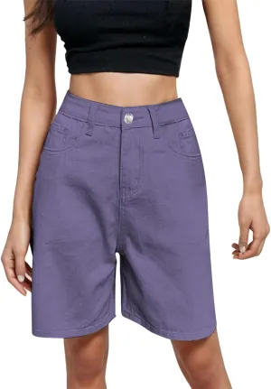 Womens Bermuda Shorts Casual Summer High Waisted Shorts Straight Leg Knee Length Jeans Twill Shorts with Pockets