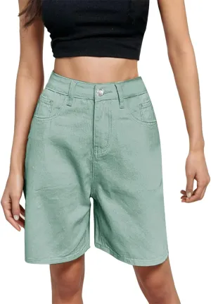 Womens Bermuda Shorts Casual Summer High Waisted Shorts Straight Leg Knee Length Jeans Twill Shorts with Pockets