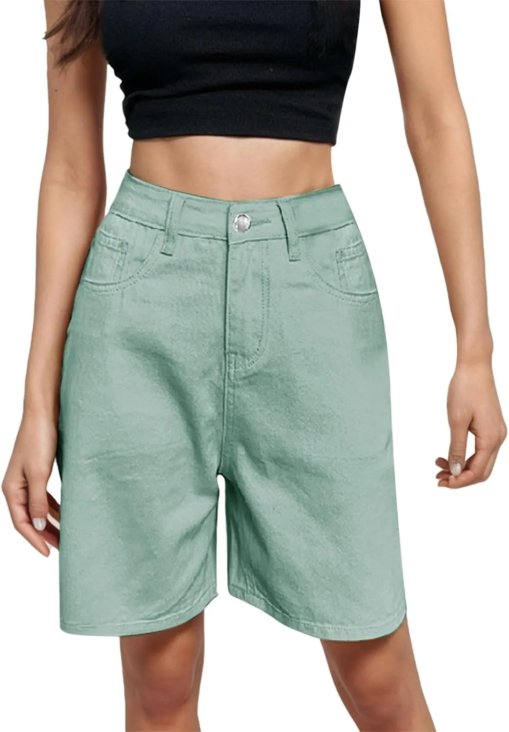 Womens Bermuda Shorts Casual Summer High Waisted Shorts Straight Leg Knee Length Jeans Twill Shorts with Pockets