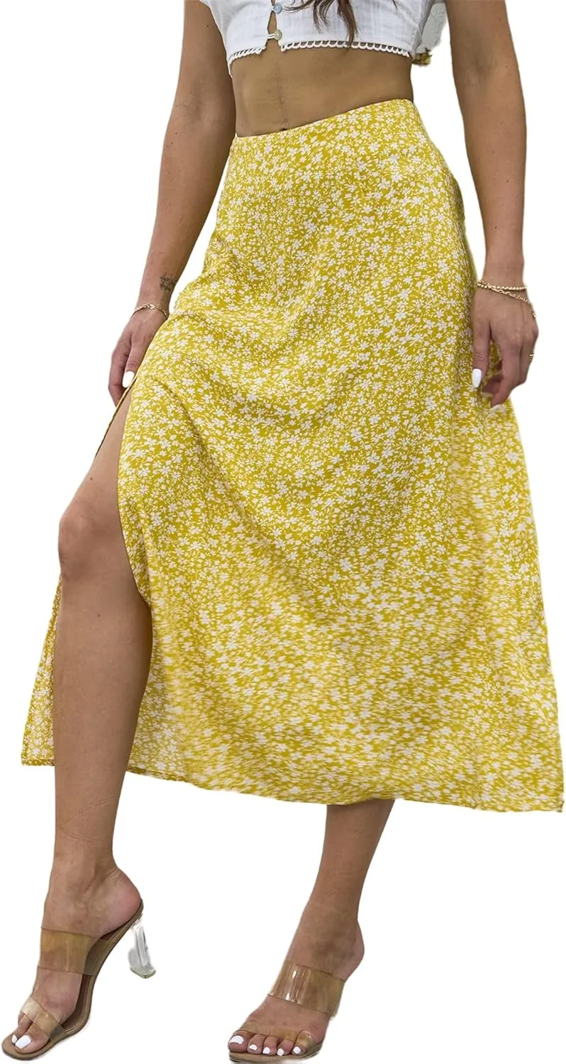 Womens Boho Floral Side Split Skirt Summer Casual High Waisted Midi Skirts 2025 Lightweight A Line Beach Skirt