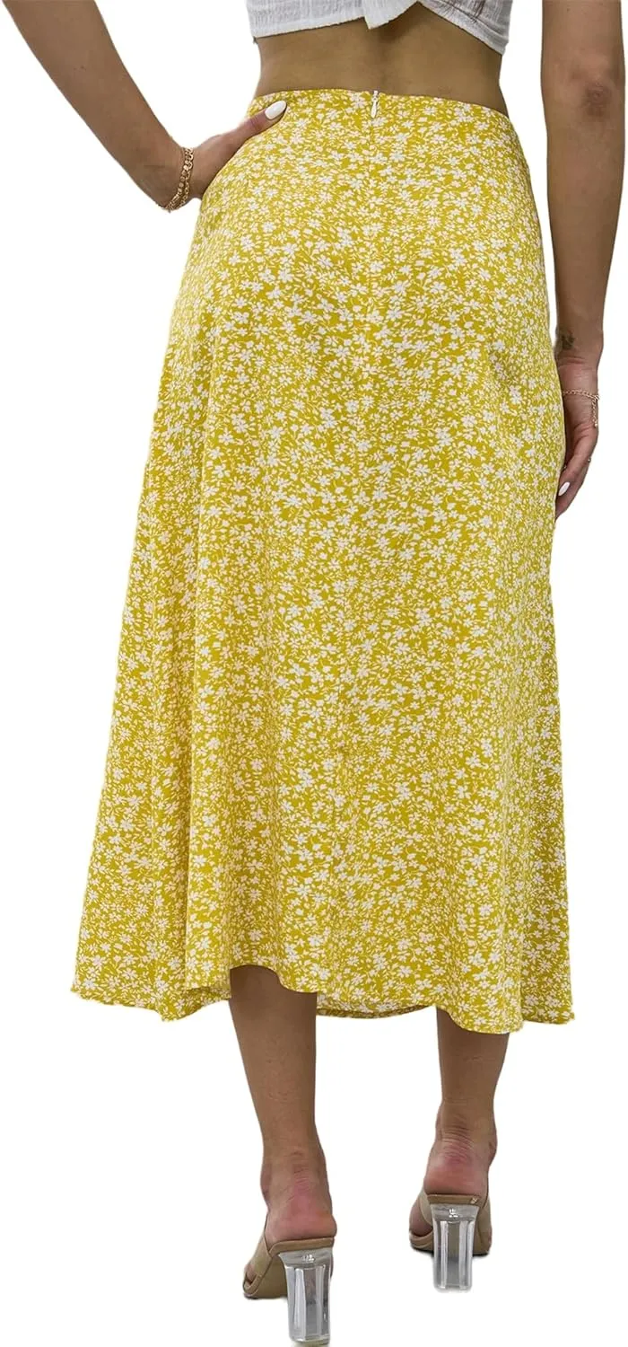Womens Boho Floral Side Split Skirt Summer Casual High Waisted Midi Skirts 2025 Lightweight A Line Beach Skirt