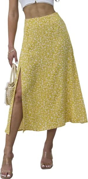 Womens Boho Floral Side Split Skirt Summer Casual High Waisted Midi Skirts 2025 Lightweight A Line Beach Skirt