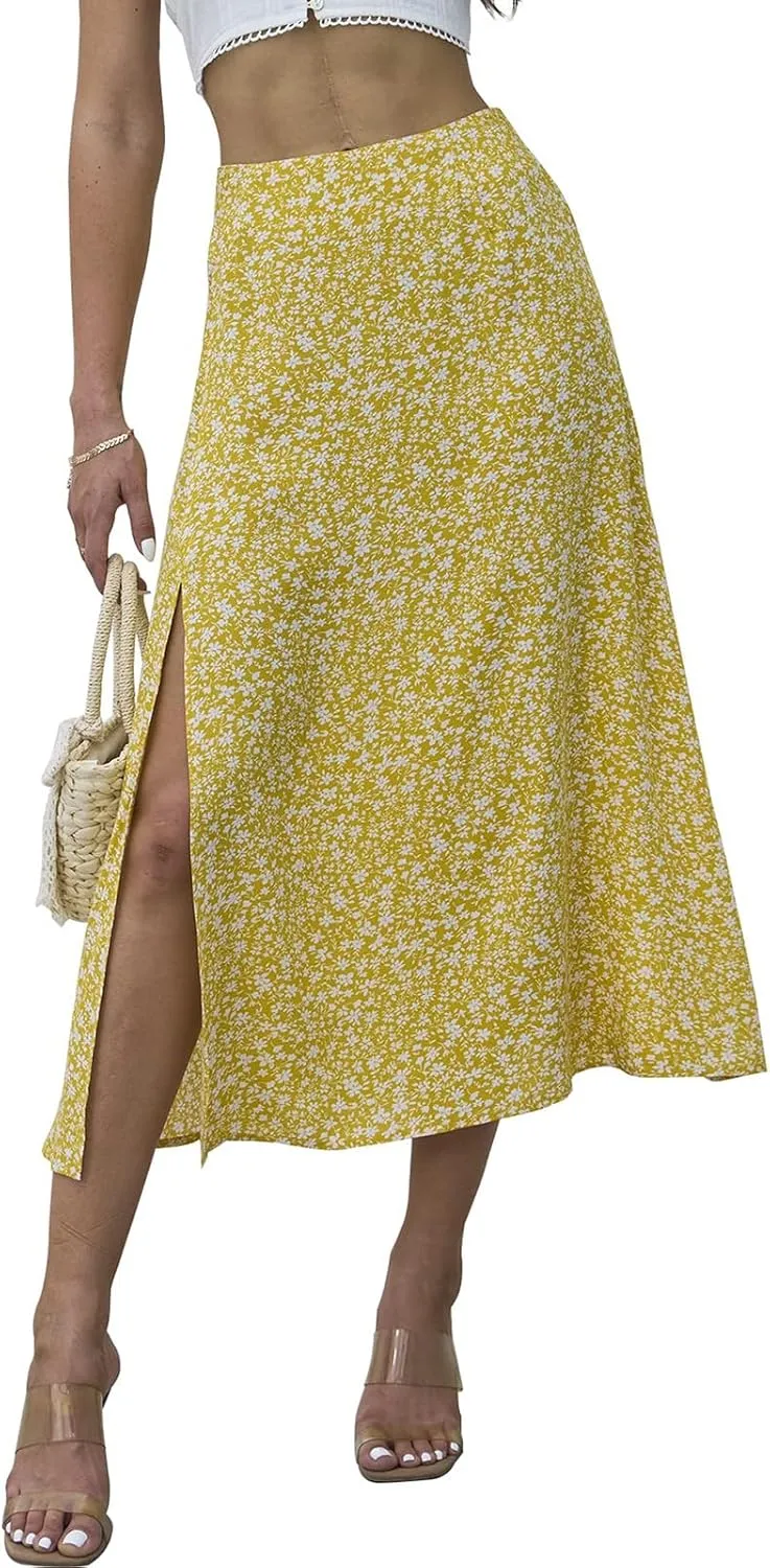 Womens Boho Floral Side Split Skirt Summer Casual High Waisted Midi Skirts 2025 Lightweight A Line Beach Skirt