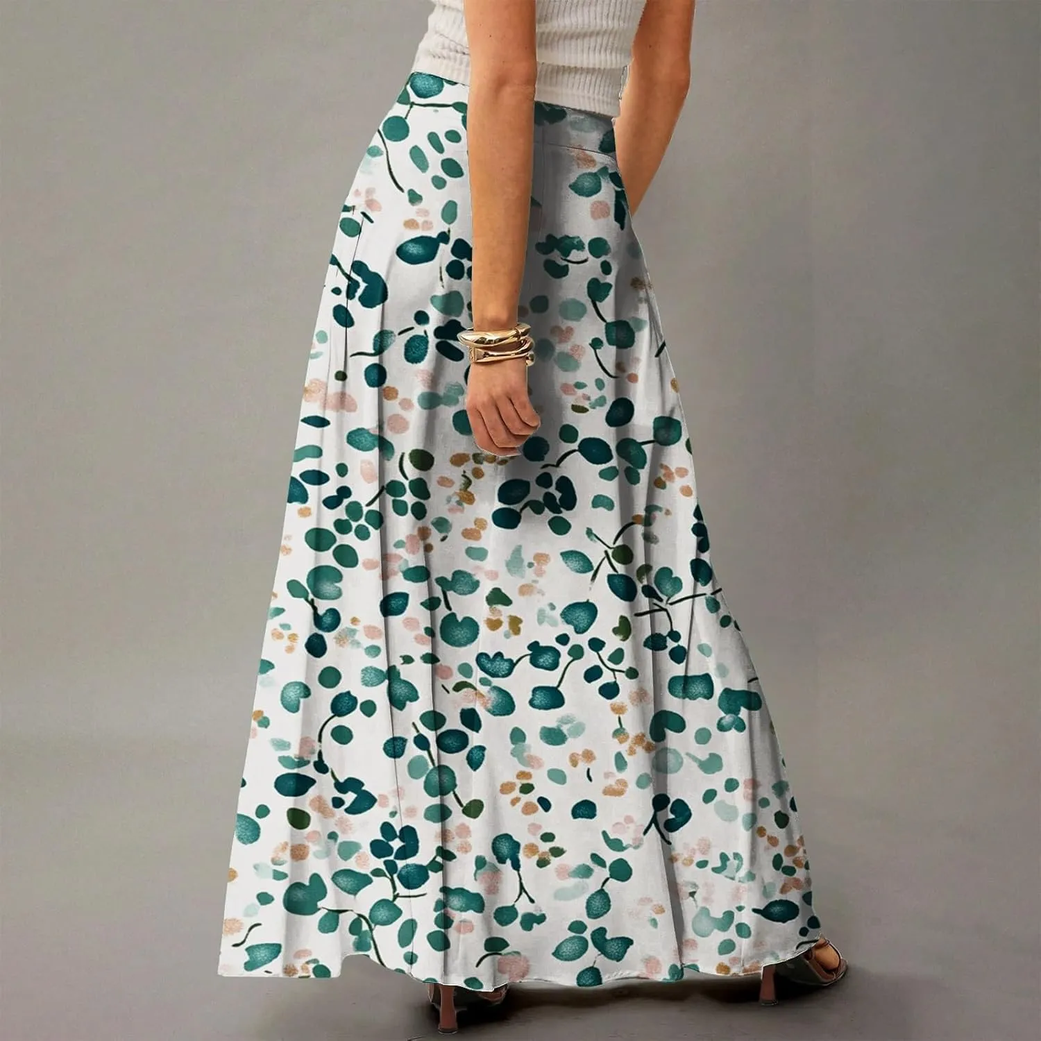 Women's Boho Floral Skirt Casual Elastic High Waist Maxi Skirts Flowy A Line Beach Long Skirt Pleated, S-2XL