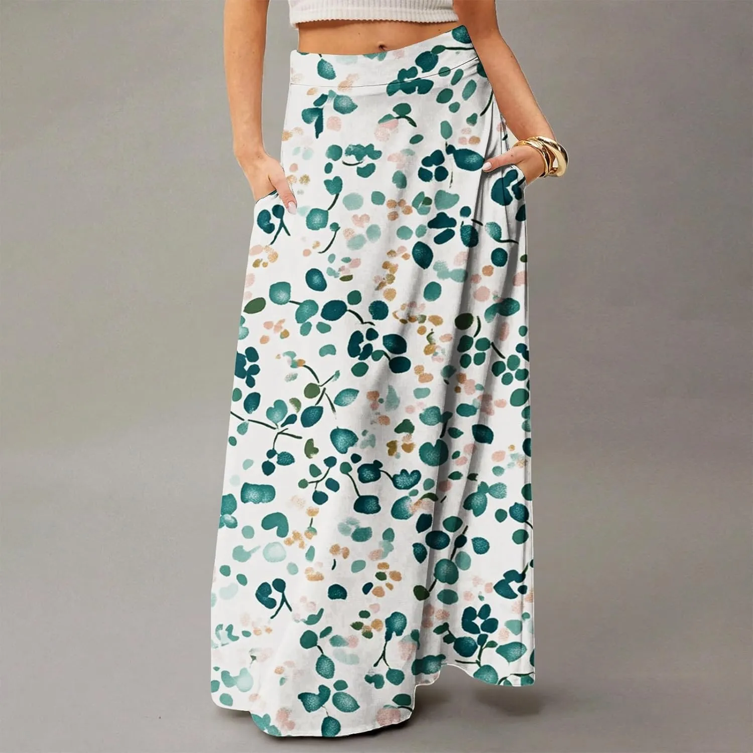 Women's Boho Floral Skirt Casual Elastic High Waist Maxi Skirts Flowy A Line Beach Long Skirt Pleated, S-2XL