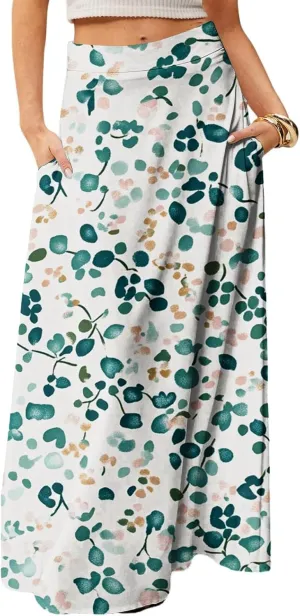 Women's Boho Floral Skirt Casual Elastic High Waist Maxi Skirts Flowy A Line Beach Long Skirt Pleated, S-2XL