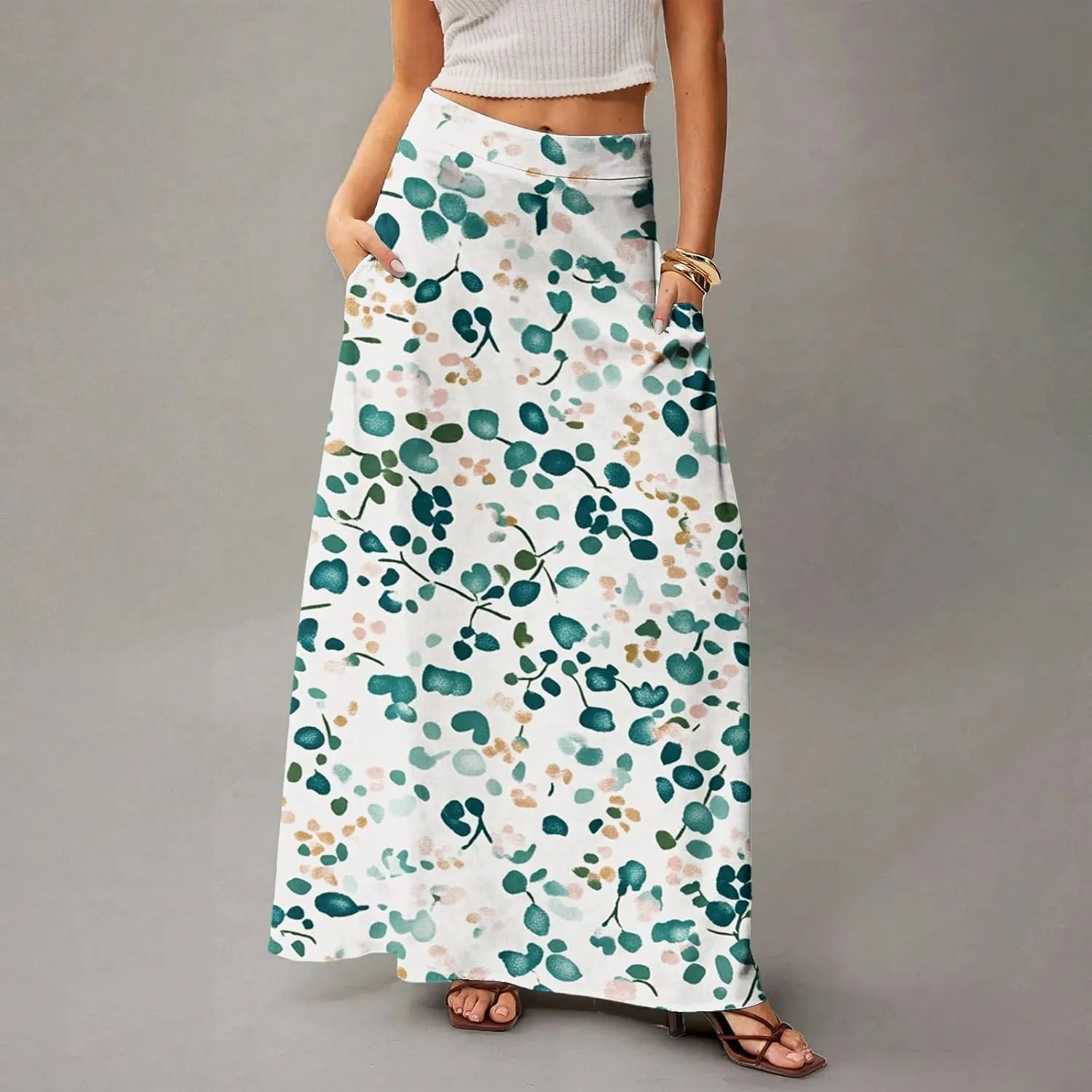 Women's Boho Floral Skirt Casual Elastic High Waist Maxi Skirts Flowy A Line Beach Long Skirt Pleated, S-2XL