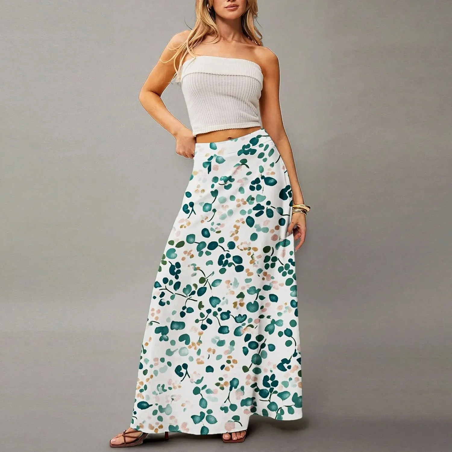 Women's Boho Floral Skirt Casual Elastic High Waist Maxi Skirts Flowy A Line Beach Long Skirt Pleated, S-2XL