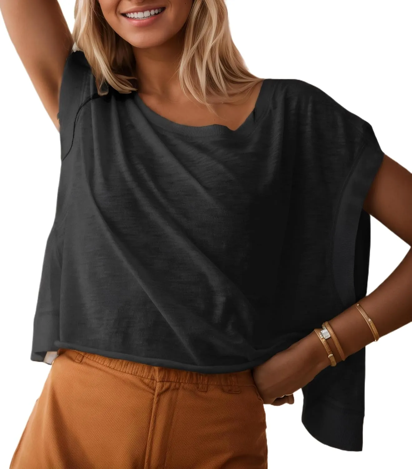 Womens Cap Sleeve Crop Tops Summer Loose Fit Crew Neck Back Criss Cross T Shirts