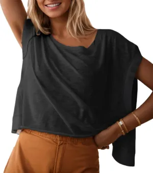 Womens Cap Sleeve Crop Tops Summer Loose Fit Crew Neck Back Criss Cross T Shirts