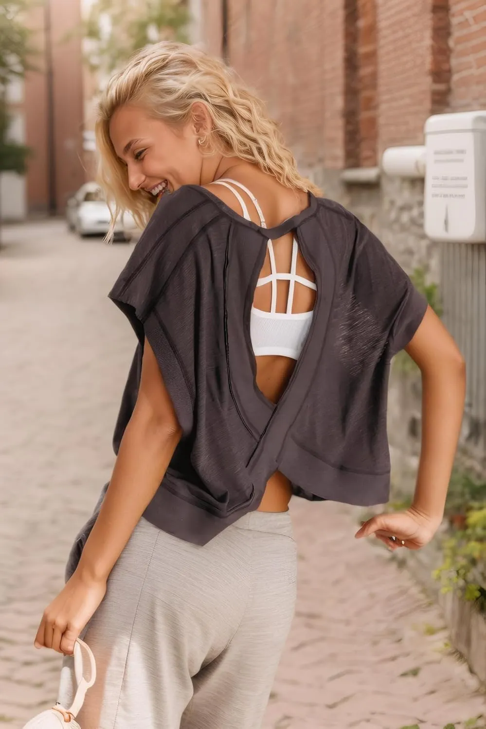 Womens Cap Sleeve Crop Tops Summer Loose Fit Crew Neck Back Criss Cross T Shirts