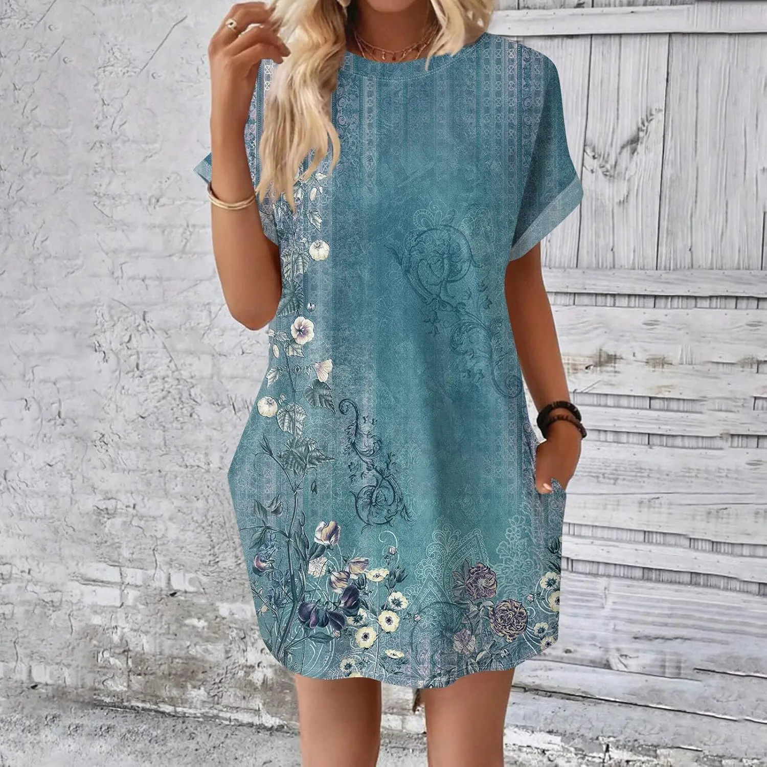 Women's Casual Dresses Summer Short Sleeve Mid Thigh Length T Shirt Dress with Pocket for Women