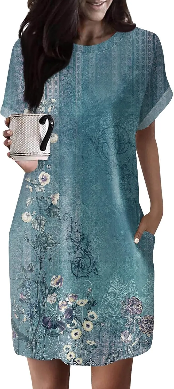 Women's Casual Dresses Summer Short Sleeve Mid Thigh Length T Shirt Dress with Pocket for Women