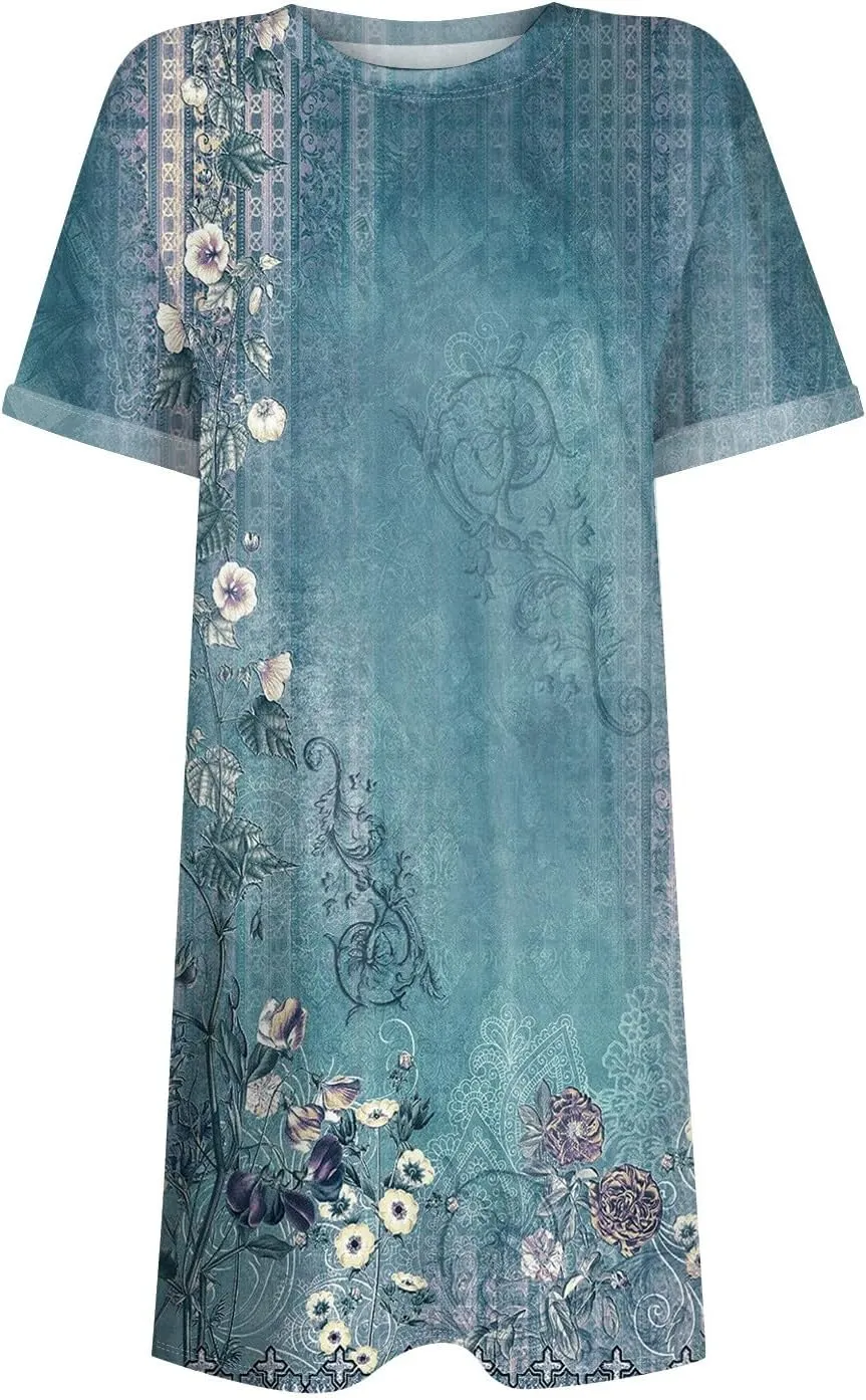 Women's Casual Dresses Summer Short Sleeve Mid Thigh Length T Shirt Dress with Pocket for Women
