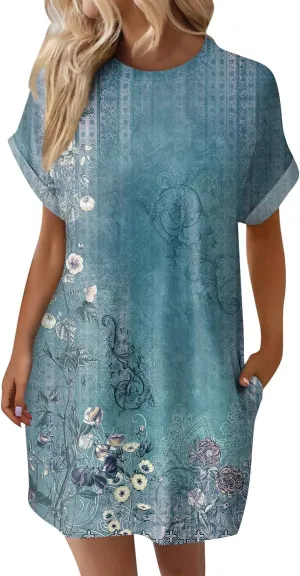 Women's Casual Dresses Summer Short Sleeve Mid Thigh Length T Shirt Dress with Pocket for Women