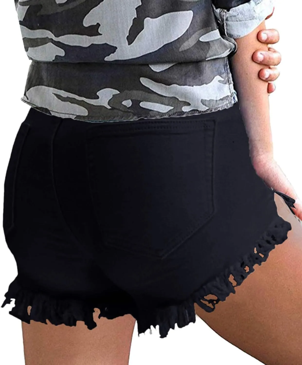Women's Casual High Waisted Washed Frayed Raw Hem Pockets Denim Shorts Stretchy Ripped Jean Shorts Sexy Hot Shorts