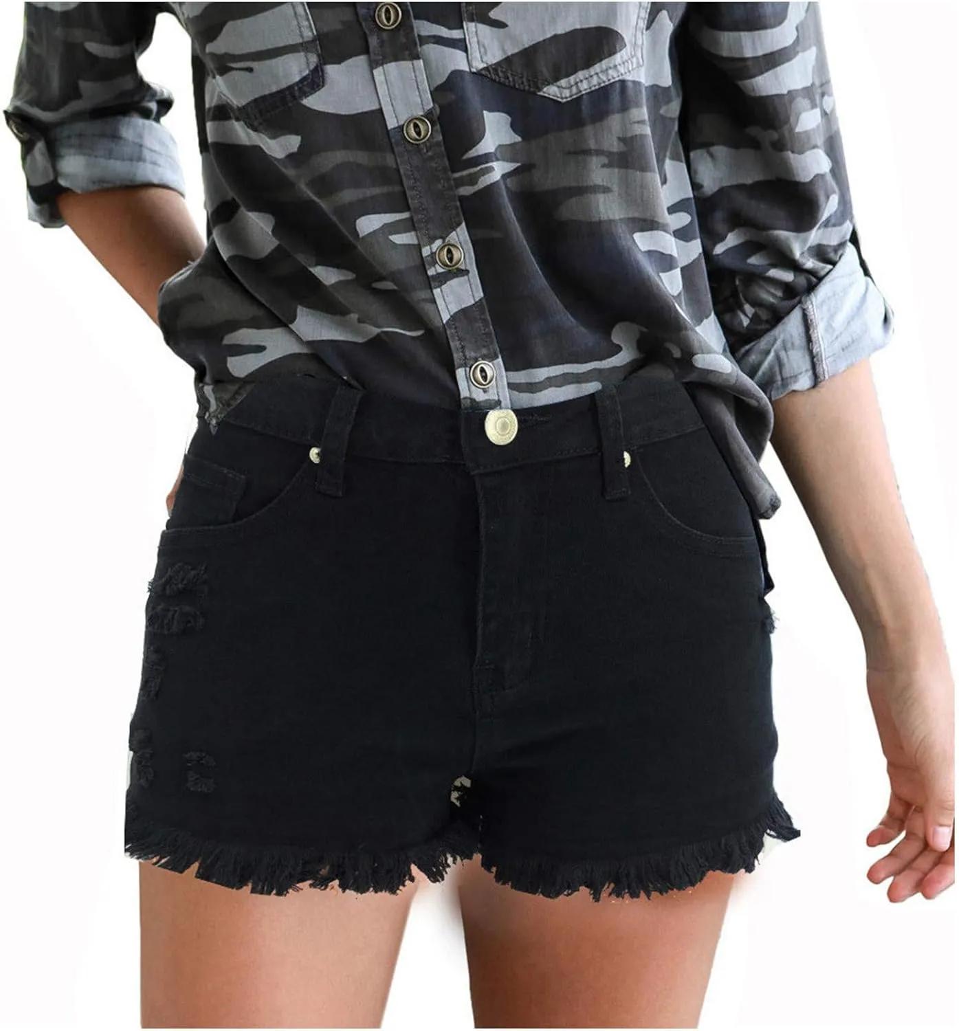 Women's Casual High Waisted Washed Frayed Raw Hem Pockets Denim Shorts Stretchy Ripped Jean Shorts Sexy Hot Shorts