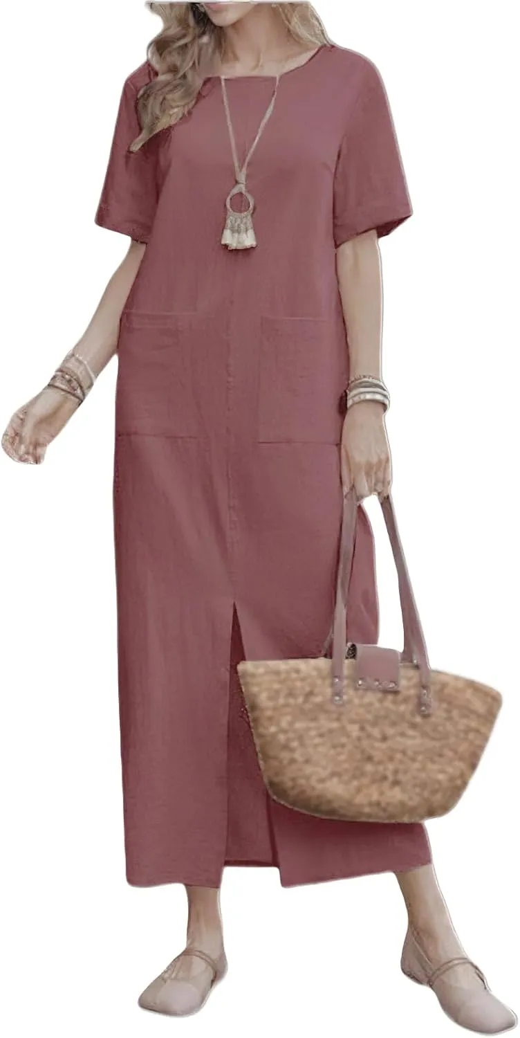 Womens Casual Summer Midi Dress Short Sleeve Crewneck Linen Tshirt Dress Slim Fit Elegant Beach Vacation Long Dresses