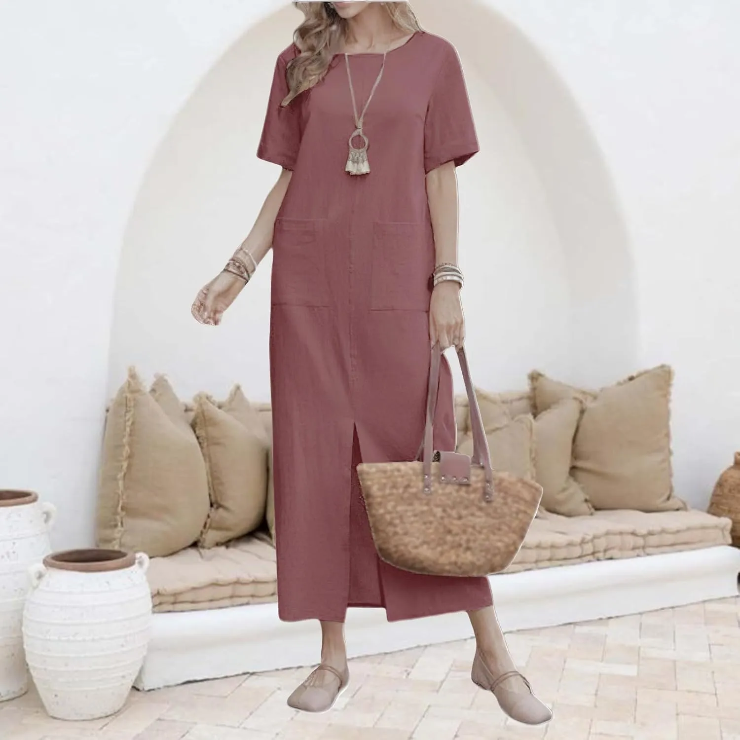 Womens Casual Summer Midi Dress Short Sleeve Crewneck Linen Tshirt Dress Slim Fit Elegant Beach Vacation Long Dresses