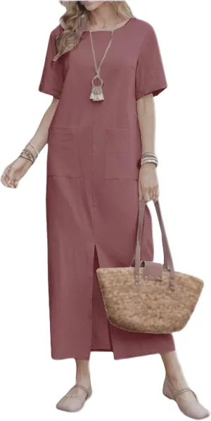 Womens Casual Summer Midi Dress Short Sleeve Crewneck Linen Tshirt Dress Slim Fit Elegant Beach Vacation Long Dresses